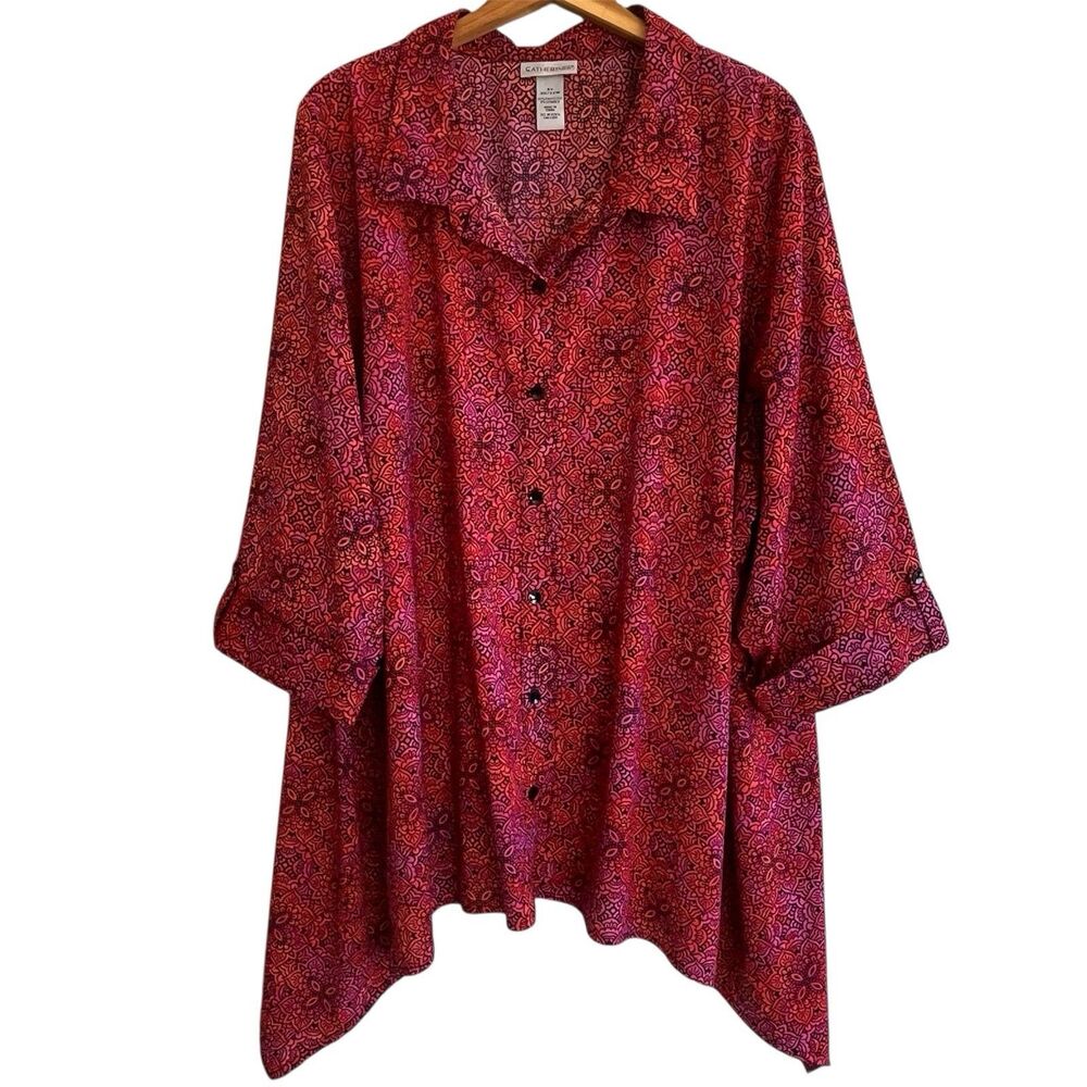 Catherines Womens Artsy Button Up Top Size 4X Stretch Office Colorful Asymmetric